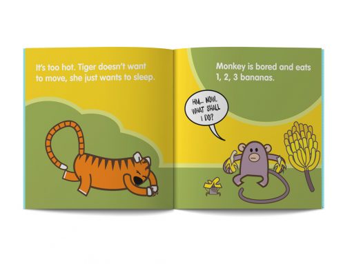 pagine dal libro in inglese per bambini intitolato Let's go splash illustrato da Ardoq per la serie Learn with Mummy in the Jungle
