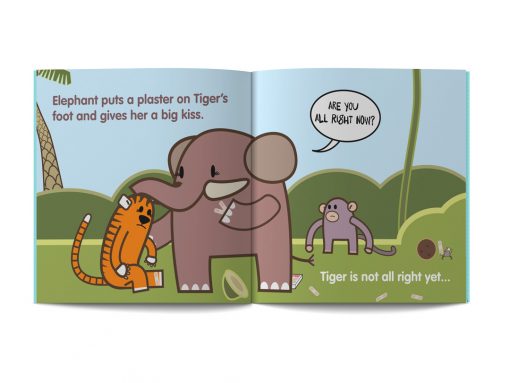 pagine dal libro in inglese per bambini intitolato Ouch it hurts! illustrato da Ardoq per la serie Learn with Mummy in the Jungle