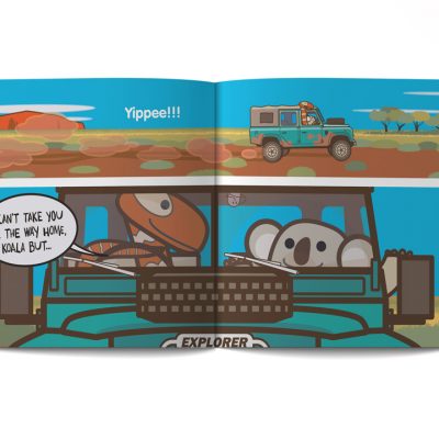 Pagine dal libro illustrato per bambini in inglese dal titolo Going home disegnato da Ardoq per la serie learn with mummy in down under