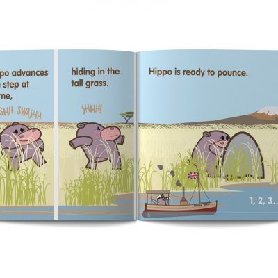 pagine dal libro in inglese per bambini intitolato 1,2,3 play!, illustrato da Ardoq per la serie Learn with Mummy in the Savannah