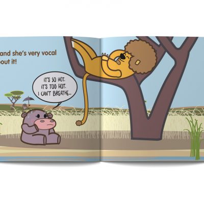pagine dal libro in inglese per bambini intitolato Hiccup hiccup, illustrato da Ardoq per la serie Learn with Mummy in the Savannah