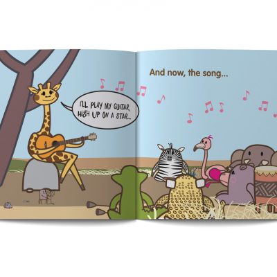 pagine dal libro in inglese per bambini intitolato Soft and Loud, illustrato da Ardoq per la serie Learn with Mummy in the Savannah