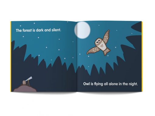 pagine dal libro in inglese per bambini intitolato Twit twoo illustrato da Ardoq per la serie Learn with Mummy in the Rockies