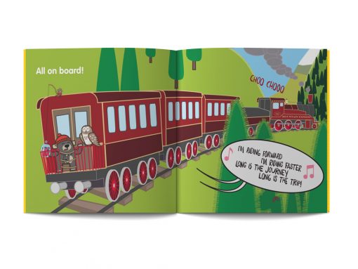 pagine dal libro in inglese per bambini intitolato What a trip! illustrato da Ardoq per la serie Learn with Mummy in the Rockies