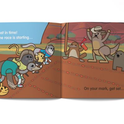 Pagine dal libro illustrato per bambini in inglese dal titolo Ready to race disegnato da Ardoq per la serie learn with mummy in down under