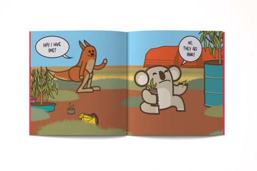 Pagine dal libro illustrato per bambini in inglese dal titolo a snack for two disegnato da Ardoq per la serie learn with mummy in down under
