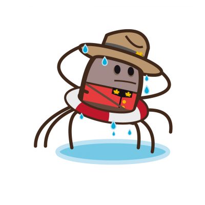 illustrazione realizzata da Ardoq di Spider: un piccolo ragno vestito da guardia canadese tutto bagnato grondante acqua, per la serie Learn with mummy in the Rockies