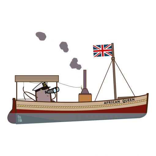 illustrazione realizzata da Ardoq di Spider: un piccolo ragno vestito da capitano che conduce una barca a vapore, per la serie Learn with mummy in the Rockies