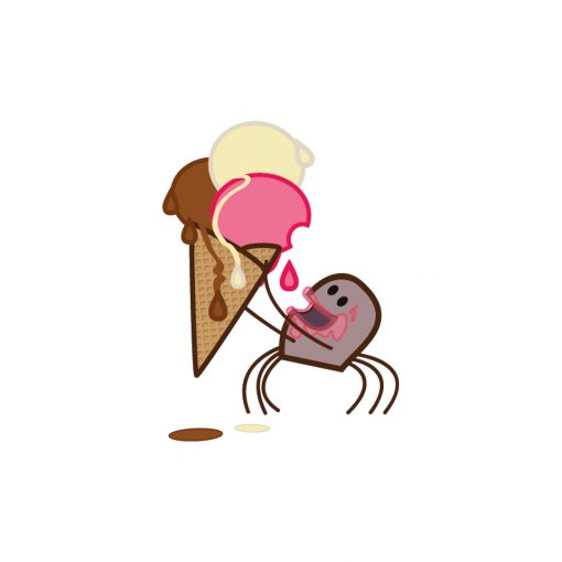 illustrazione realizzata da Ardoq di Spider: un piccolo ragno che mangia un cono gelat gigante, per la serie Learn with mummy in the Rockies